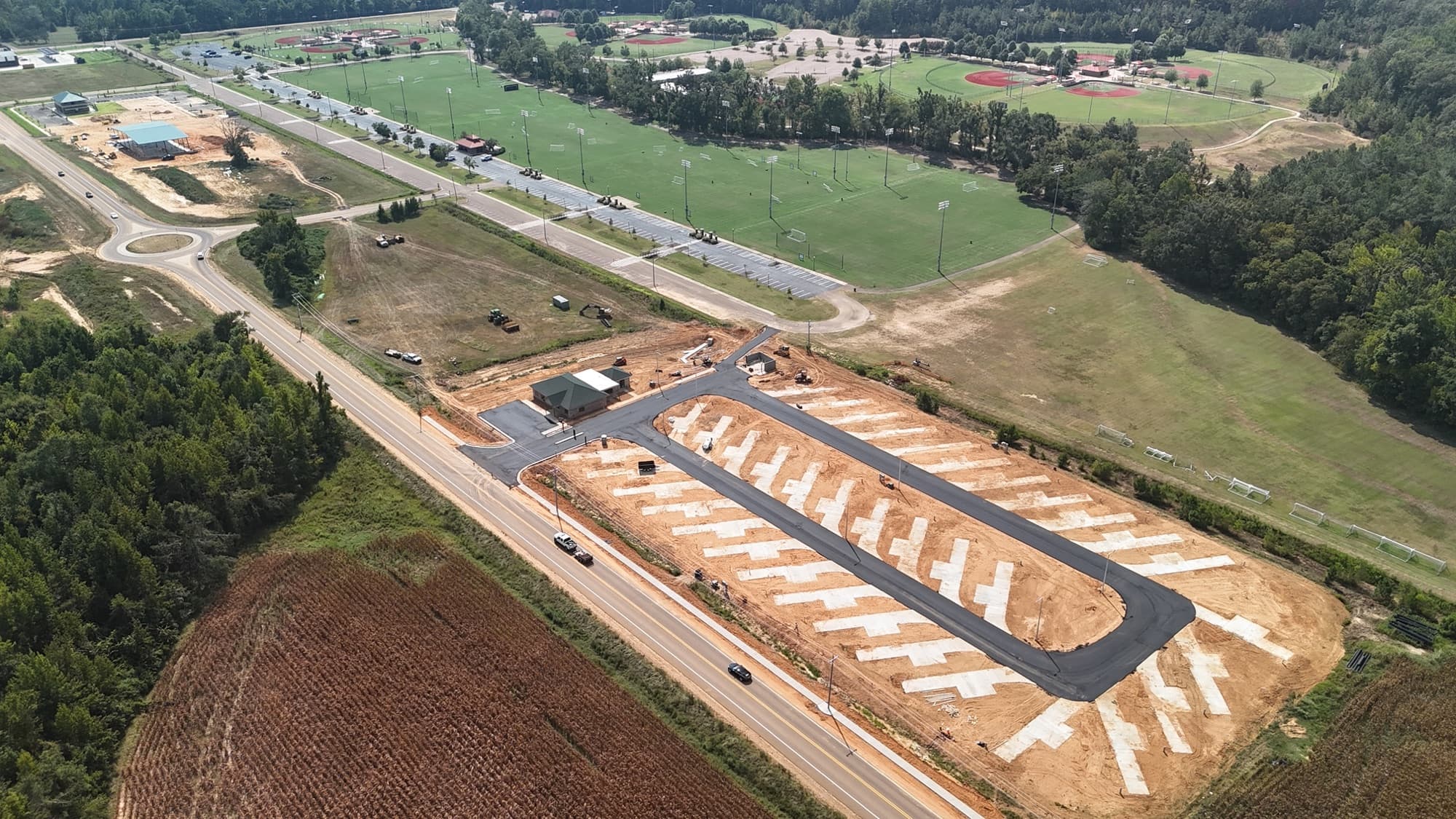 Aerial view of Evergreens RV Park with the ballfields and soccer complex directly across the road